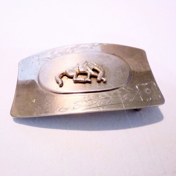 Vintage Western Horse Rodeo Themed Silver Belt Buckle - Picture 3 of 4